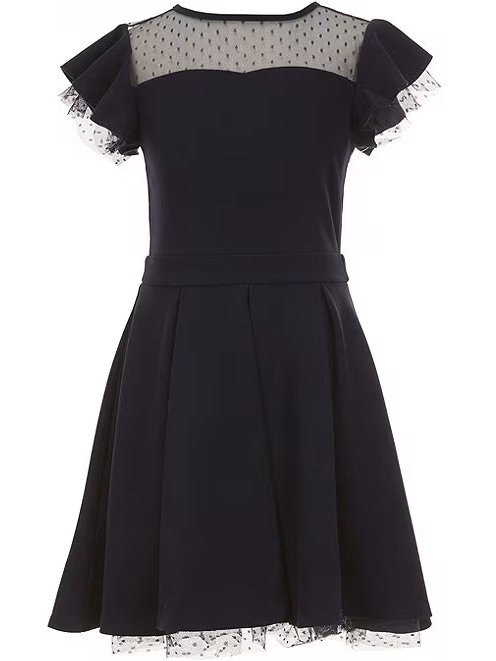 Girls' Party Dress Black With Sheer Polka-Dot Yoke And Flutter Sleeves
